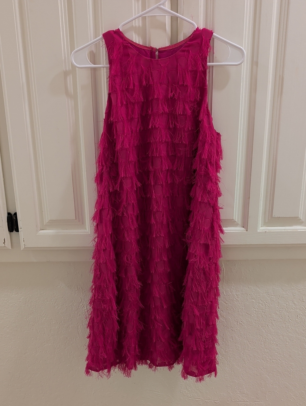 Anthropologie Hot Pink Tiered Fringe Mini Dress